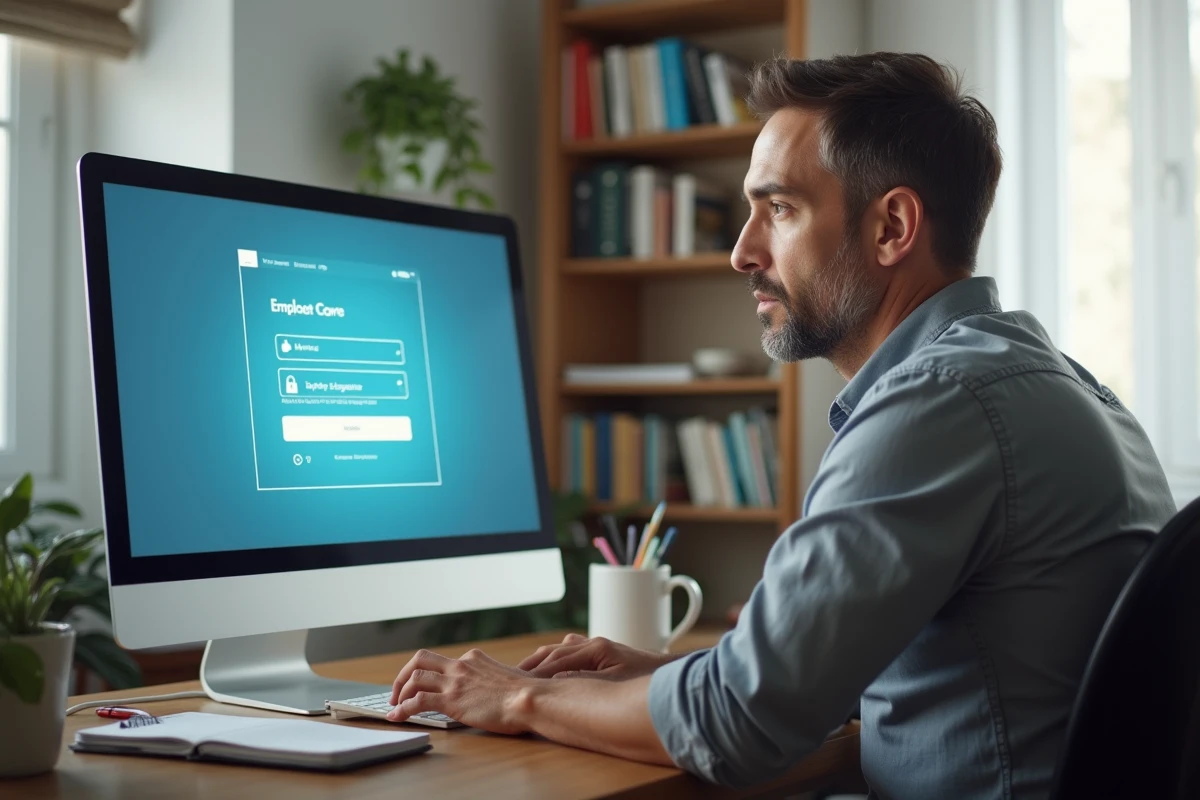 Employé en télétravail accédant à son espace personnel Nibelis depuis un bureau à domicile sécurisé