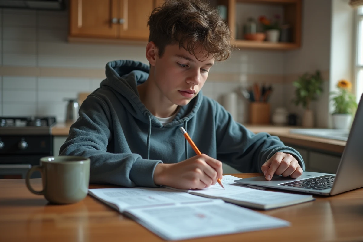 Adolescent de 16 ans calculant son salaire net après impôts sur un cahier à la maison