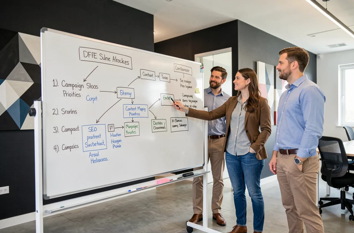 Équipe de l'Agence Onze collaborant autour d'un tableau blanc rempli de stratégies SEO et de schémas de campagne digitale