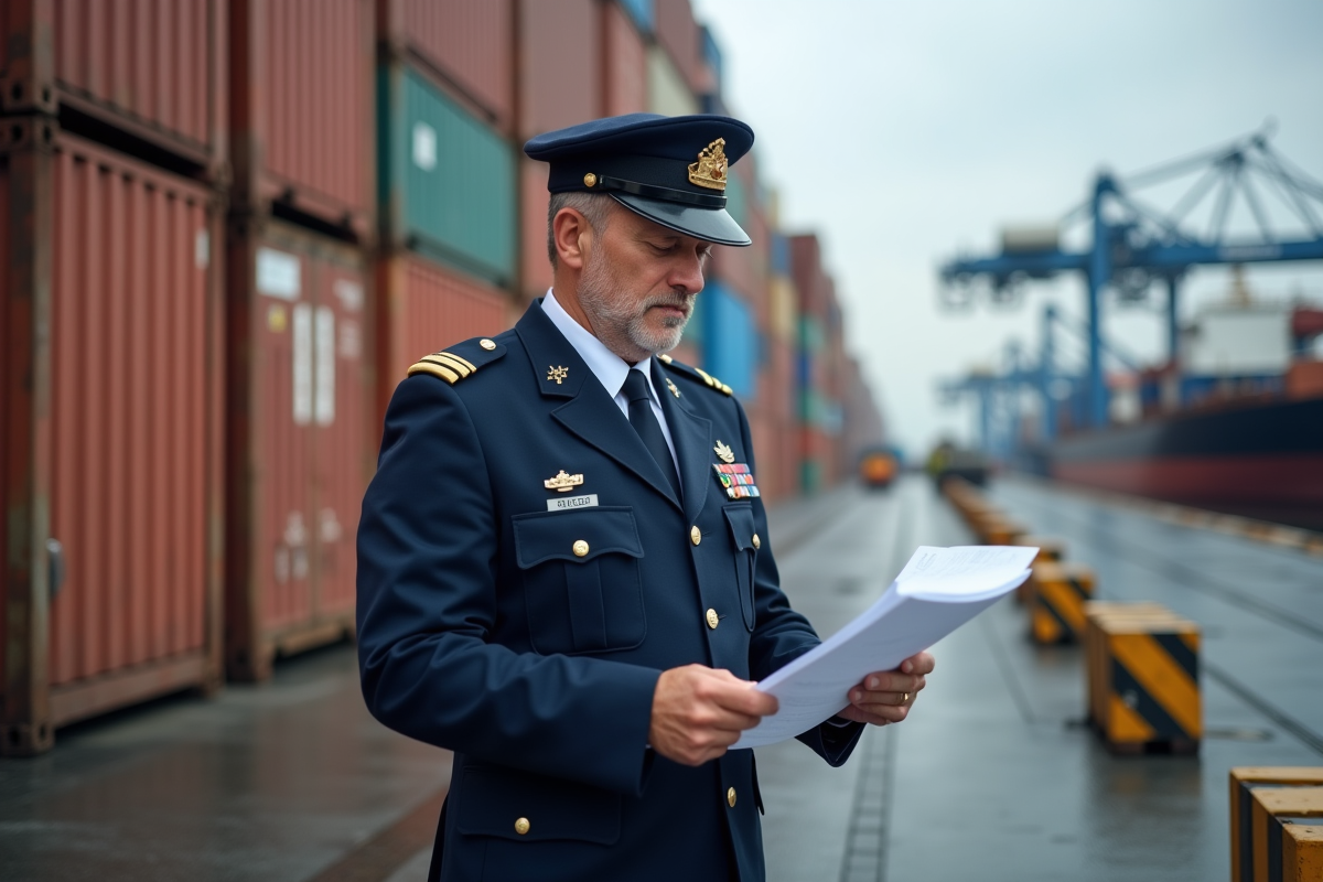 Agent de douane inspectant un chargement au port