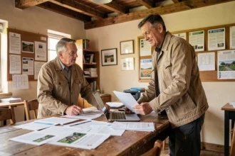 Agriculteur adhérent découvrant les services Axereal pro avec un conseiller coopératif lors d'une réunion d'accueil