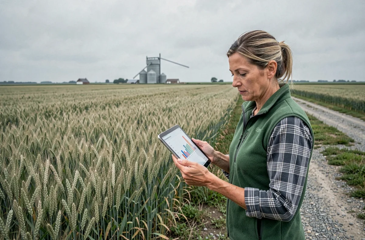 Agricultrice consultant les données de sa coopérative Axereal pro depuis une tablette numérique au bord d'un champ de blé