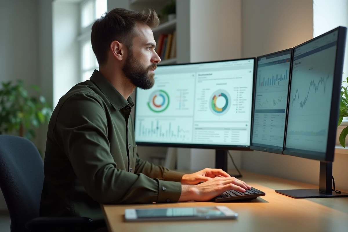 Manager masculin analysant des tableaux de bord ESG et des indicateurs de performance RSE sur deux écrans dans un bureau moderne