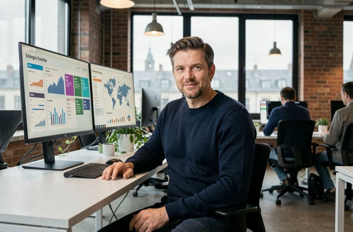 Analyste consultant des tableaux de bord régionaux de la zone EMEA sur double écran dans un bureau moderne en open space