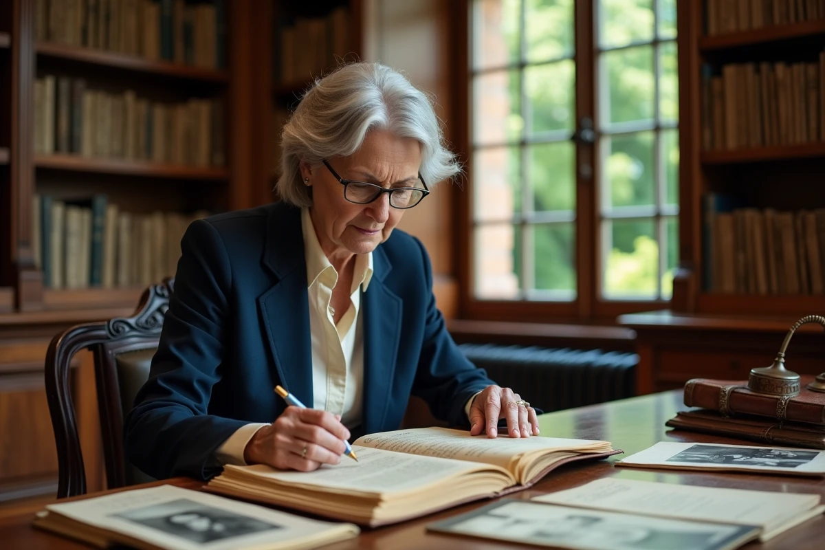 Femme consultant des archives familiales historiques liées à l'histoire fondatrice de l'enseigne Leroy Merlin