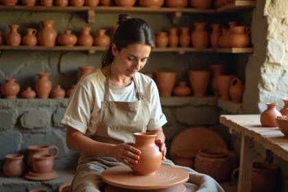 Artisane façonnant un pot en terre cuite traditionnelle sur un tour de potier dans un atelier rustique