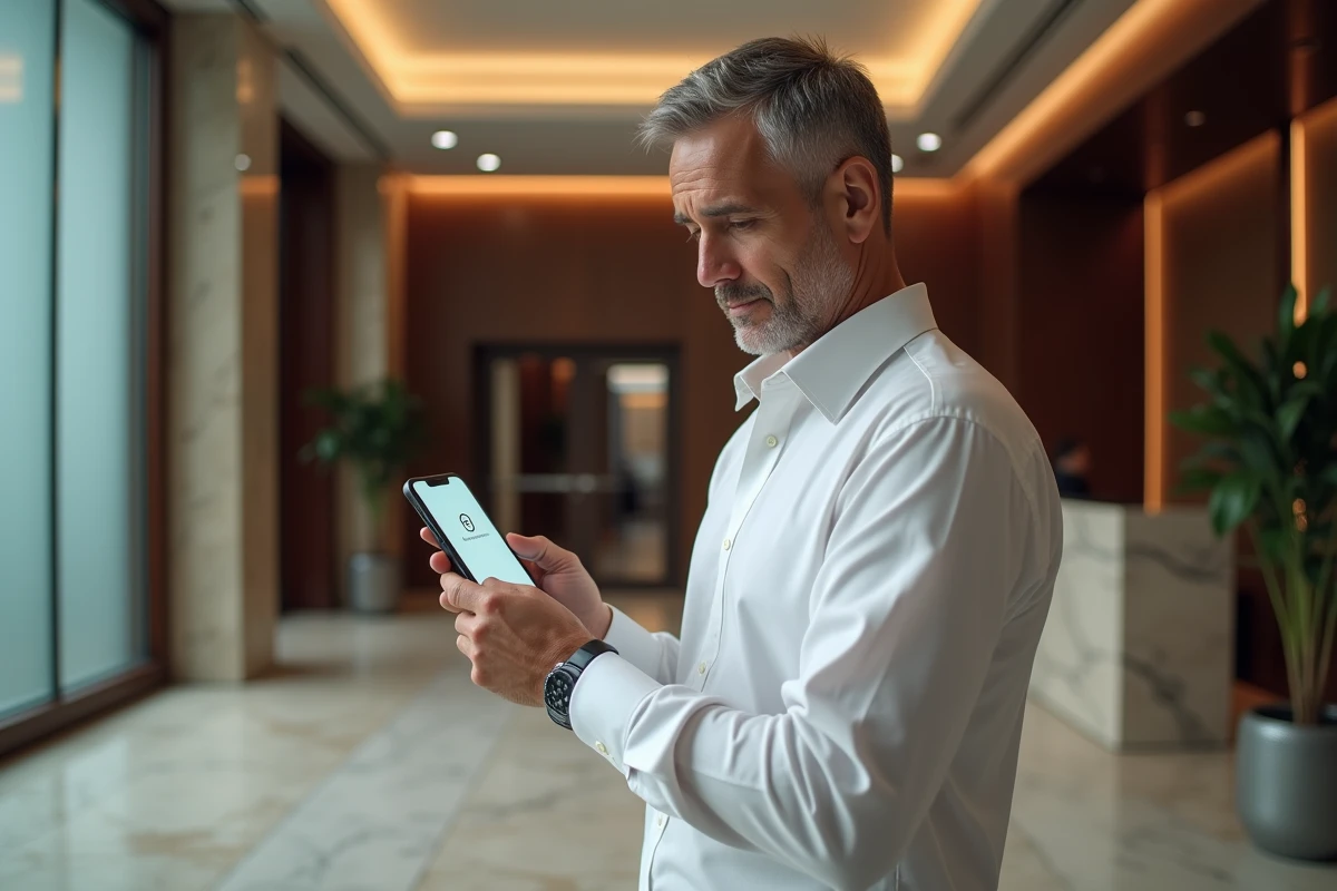 Homme utilisant l'authentification à deux facteurs sur son téléphone dans une agence bancaire sécurisée