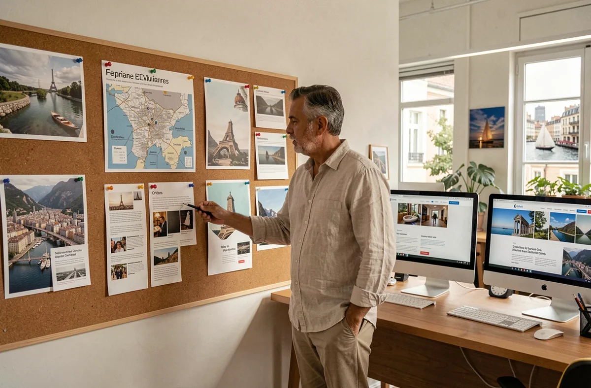 Directeur de l'agence BGGD dans un espace de travail international mêlant références visuelles orléanaises et argentines avec cartes et projets bilingues