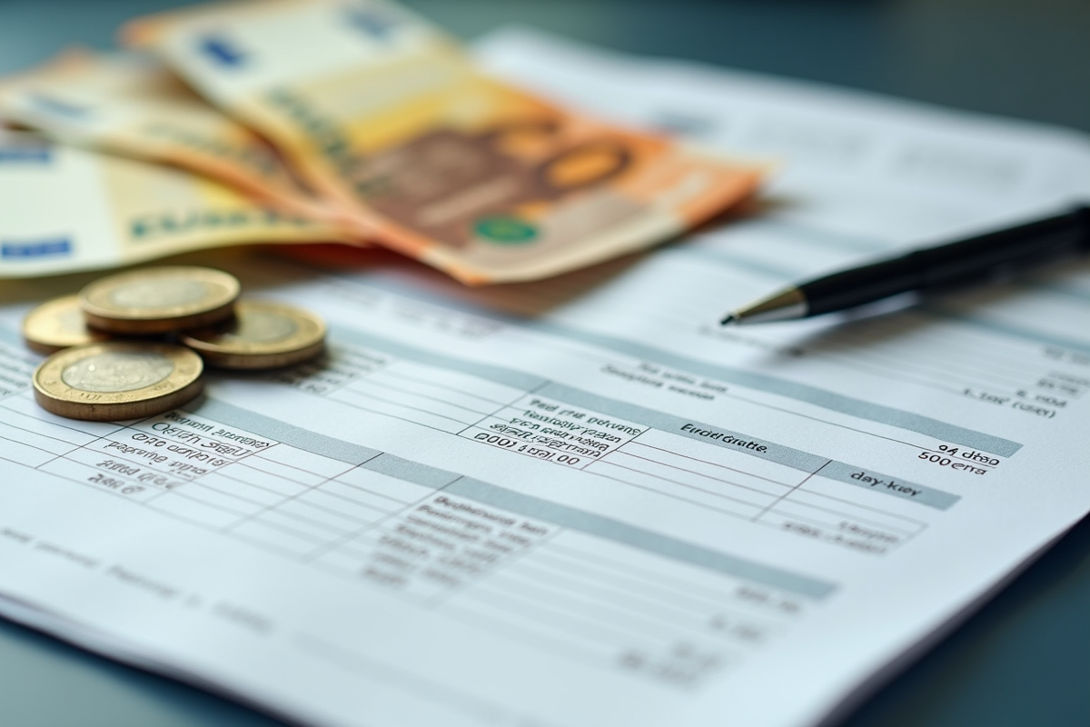 Billets euros et fiche de paie bien rangés sur un bureau lumineux