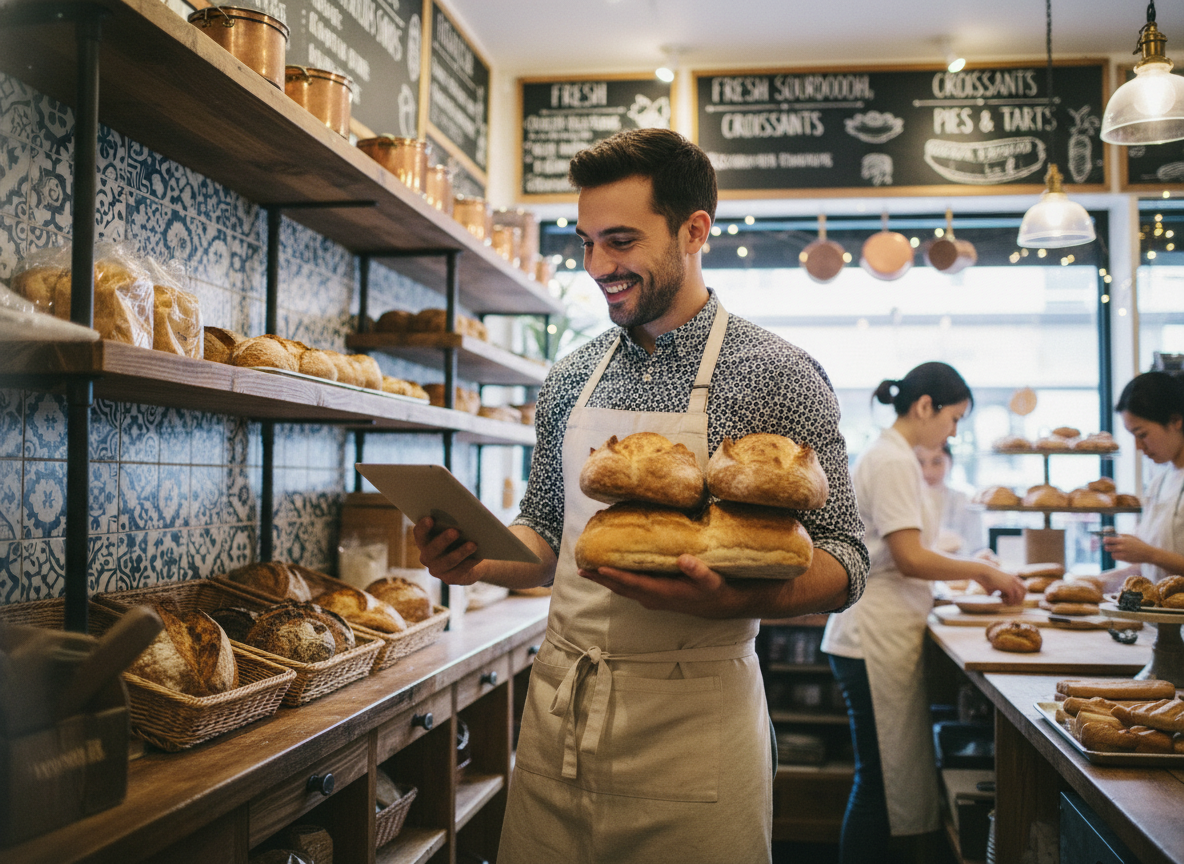 Jeune homme dans une boulangerie artisanale en action