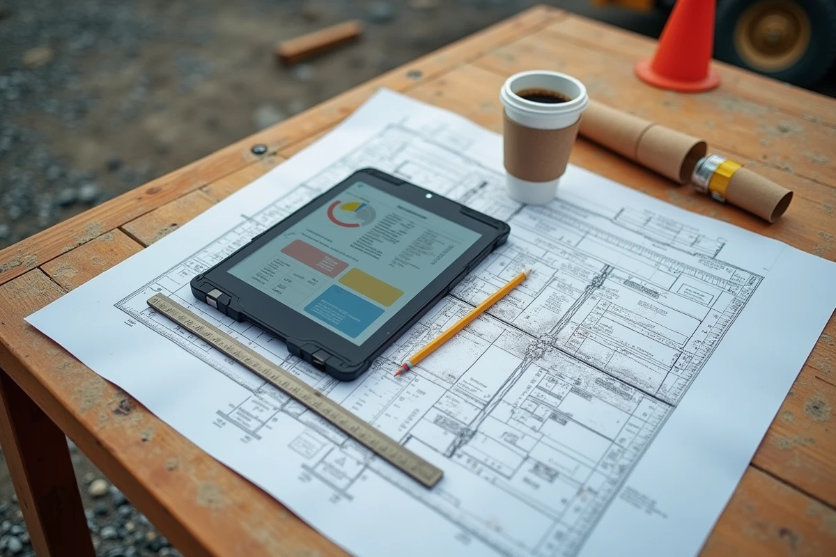 Vue rapprochée d'un bureau de chantier avec plans, tablette de suivi et données de prix BTP