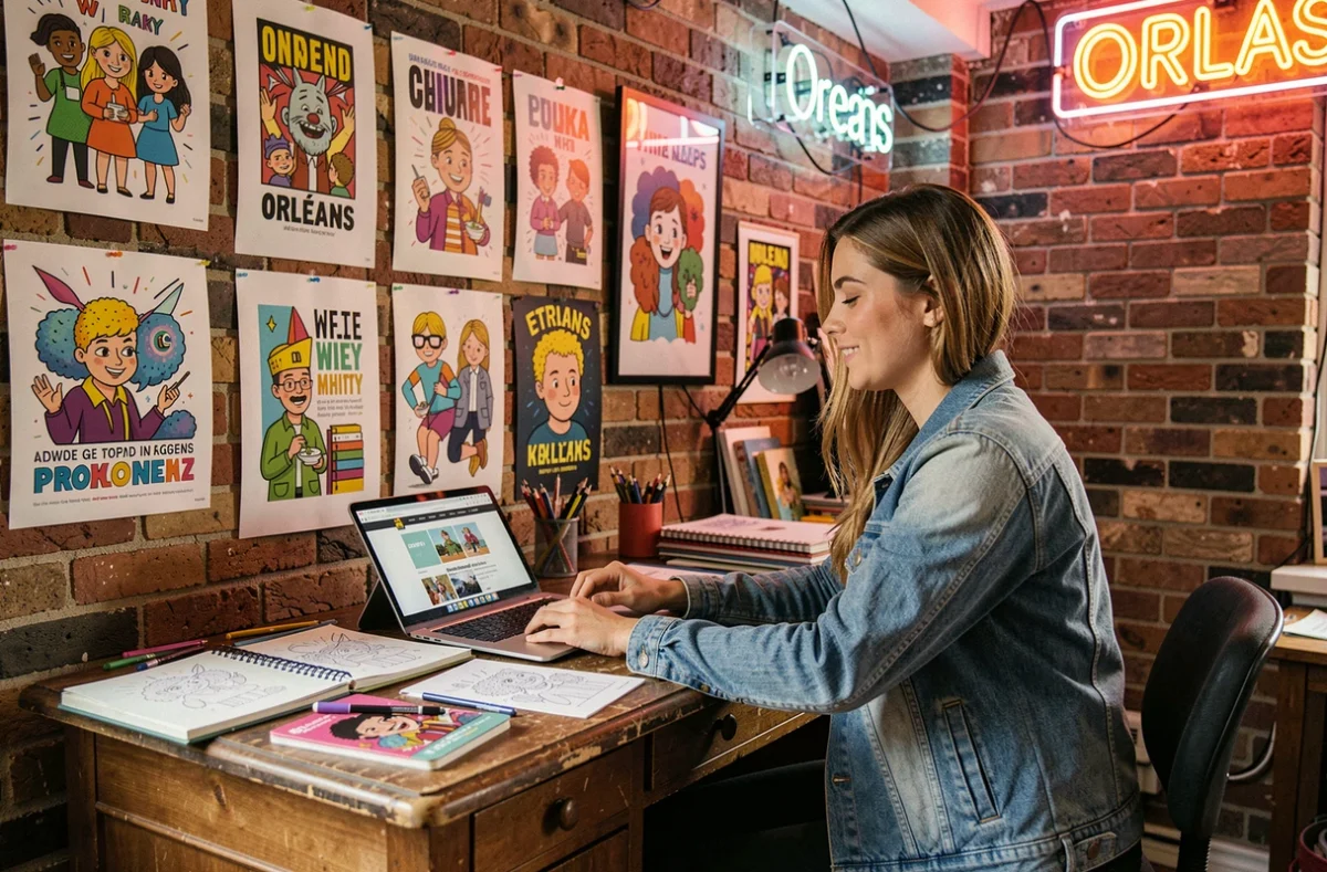 Designer créative de l'agence Buzznative à Orléans travaillant sur un site web décalé dans un studio aux murs en briques avec affiches colorées