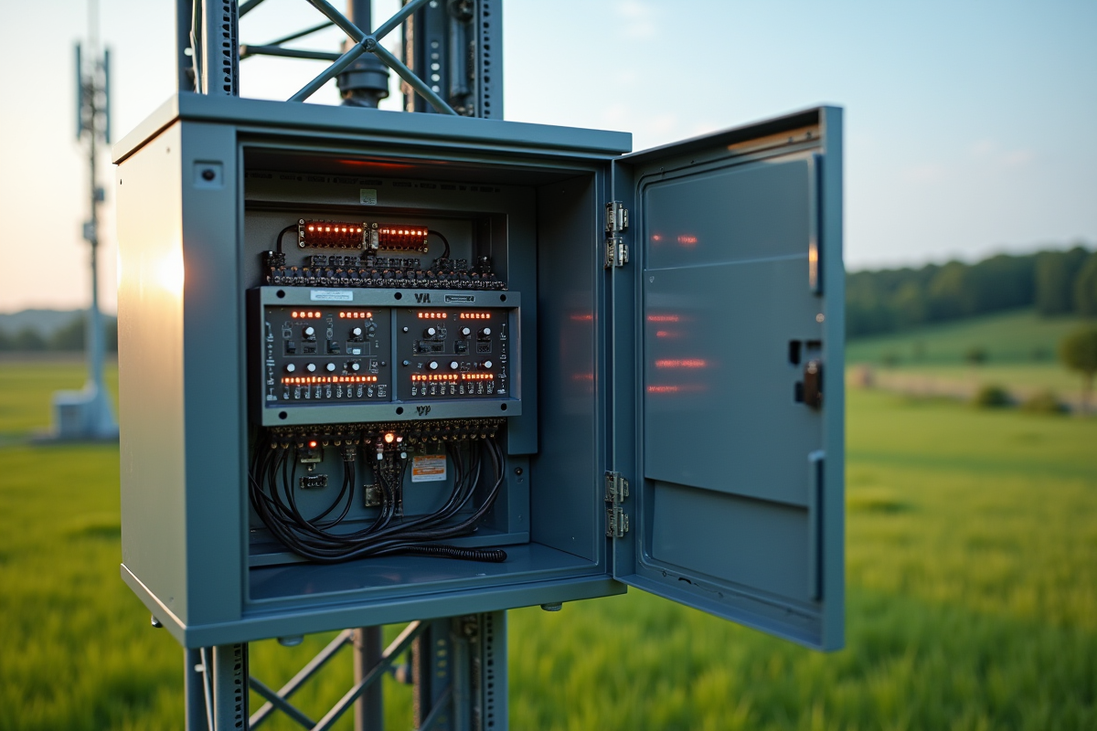 Cabinet 5G ouvert avec câbles et lumières dans un paysage vert