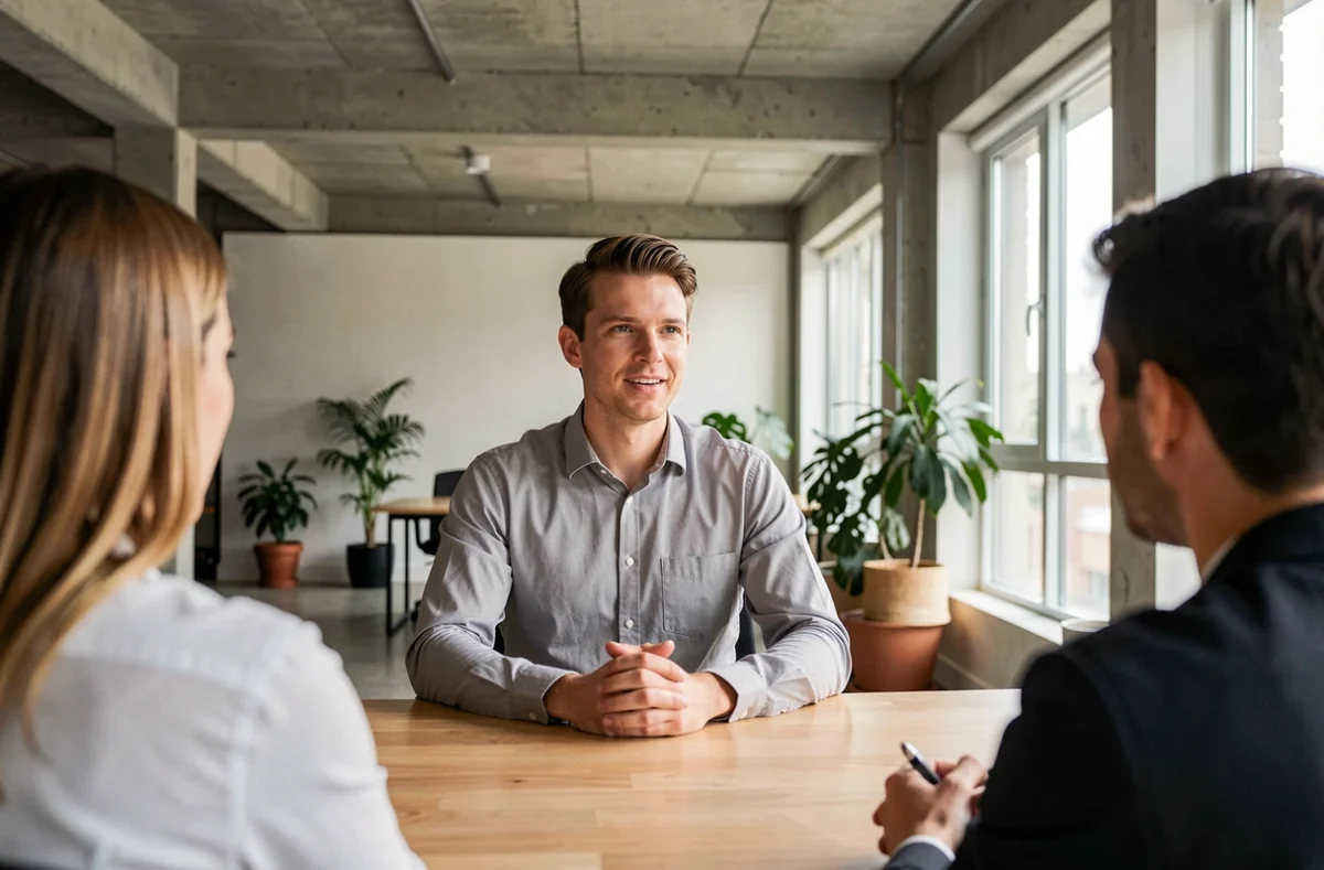 Candidat en entretien d'évaluation face à un jury de recruteurs dans un bureau moderne