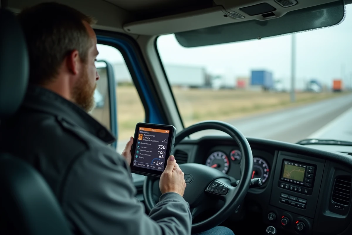 Chauffeur poids lourd consultant un GPS de gestion de flotte monté sur tableau de bord à l'intérieur de sa cabine sur autoroute