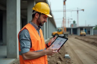 Chef de chantier consultant un logiciel de suivi de chantier sur tablette numérique en 2026
