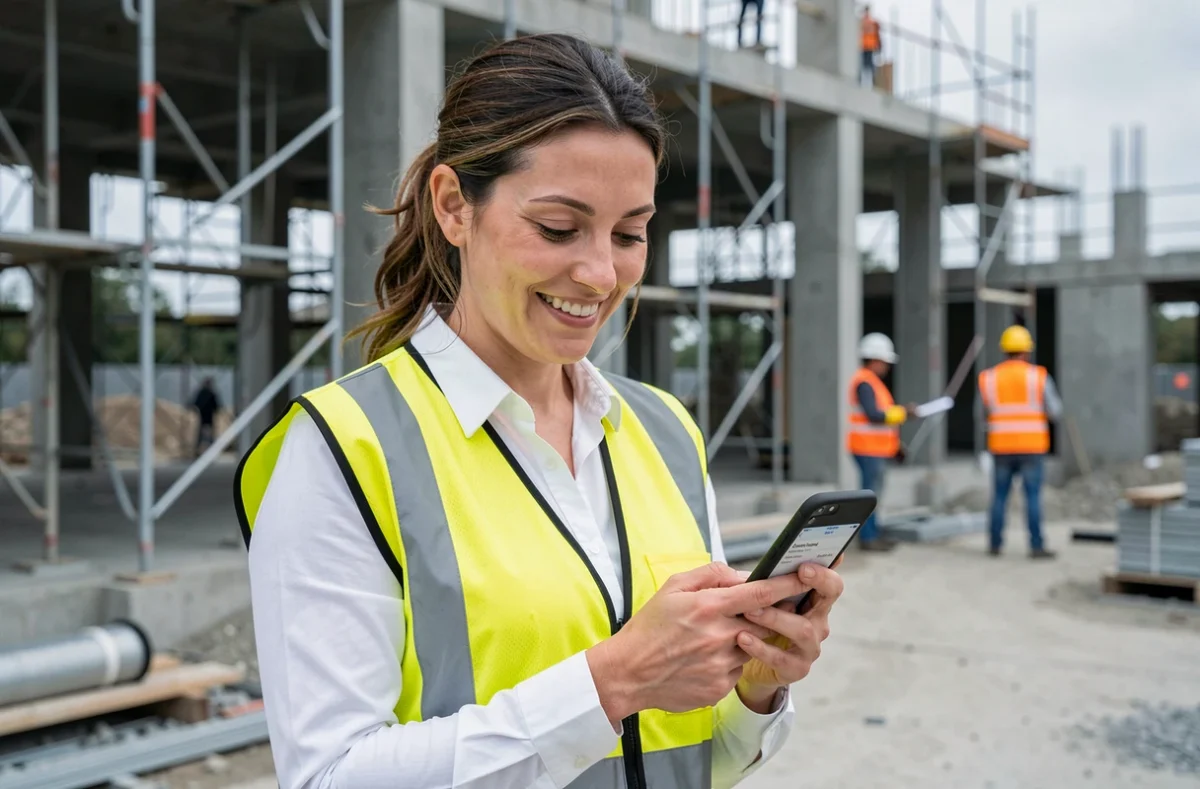 Cheffe de chantier consultant une application de mise en relation pour artisans sur smartphone en extérieur