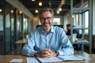 Homme d'affaires en chemise bleue dans son bureau