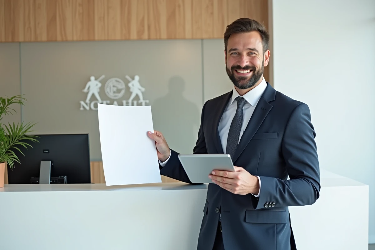Clerc de notaire comparant une version imprimée et numérique du logo officiel des notaires en haute définition