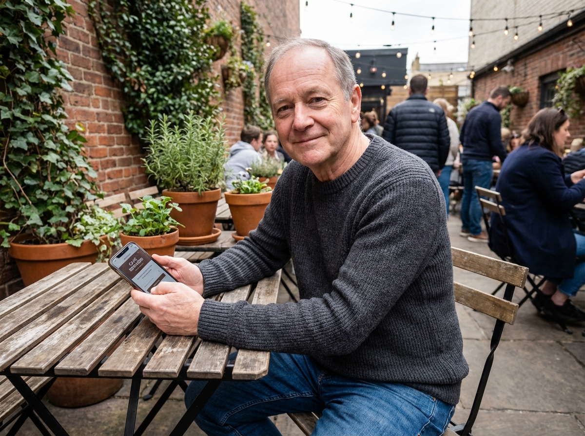 Homme âgé utilisant une application de fidélité au café