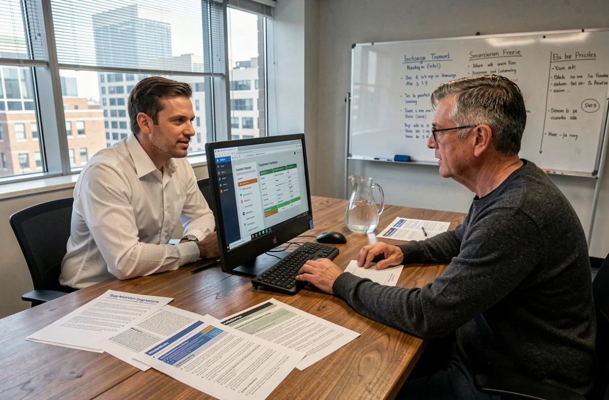 Deux courtiers en assurance collaborant sur la transition vers un nouvel extranet professionnel en salle de réunion