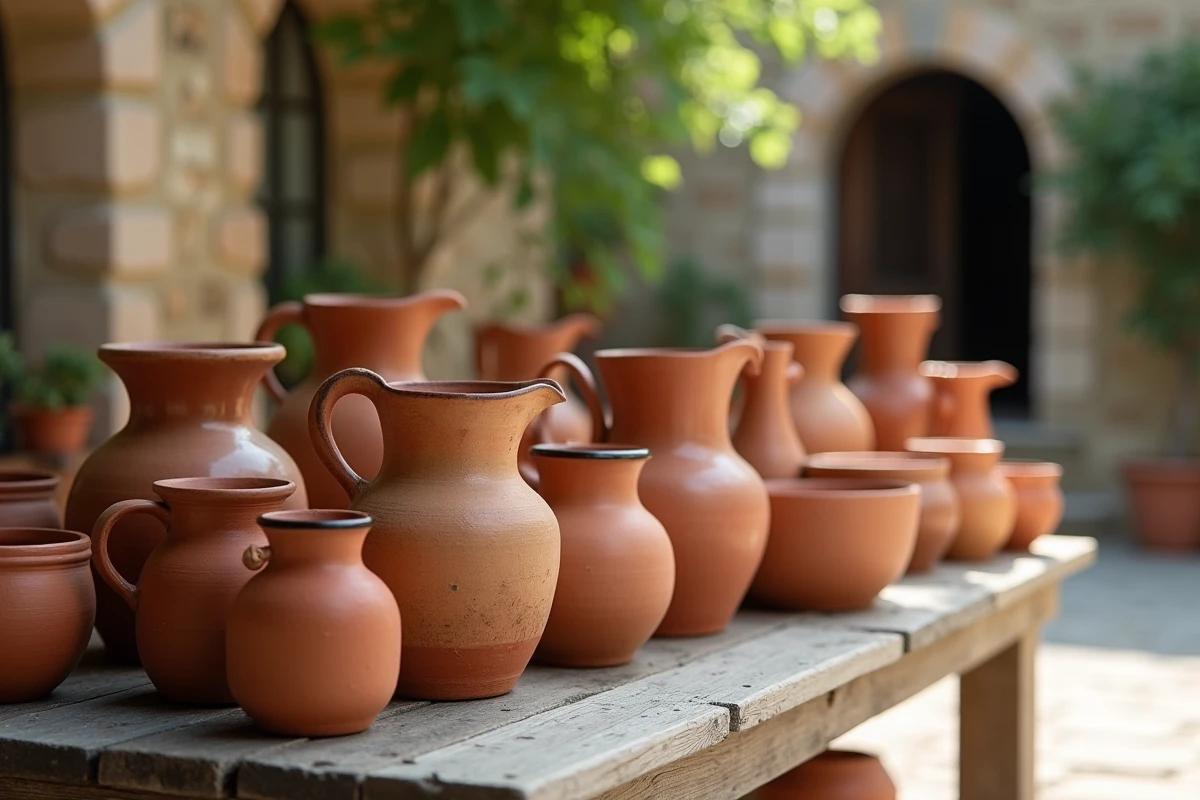 Collection de pots et vases en terre cuite artisanale exposés sur une table en chêne dans une cour en pierre