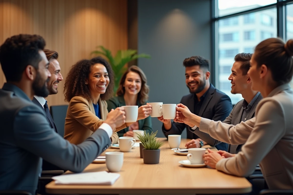 Collegues divers partageant un toast convivial en réunion