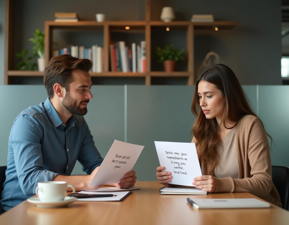 Deux collègues lisant des citations sur l'esprit d'équipe dans un espace de coworking moderne