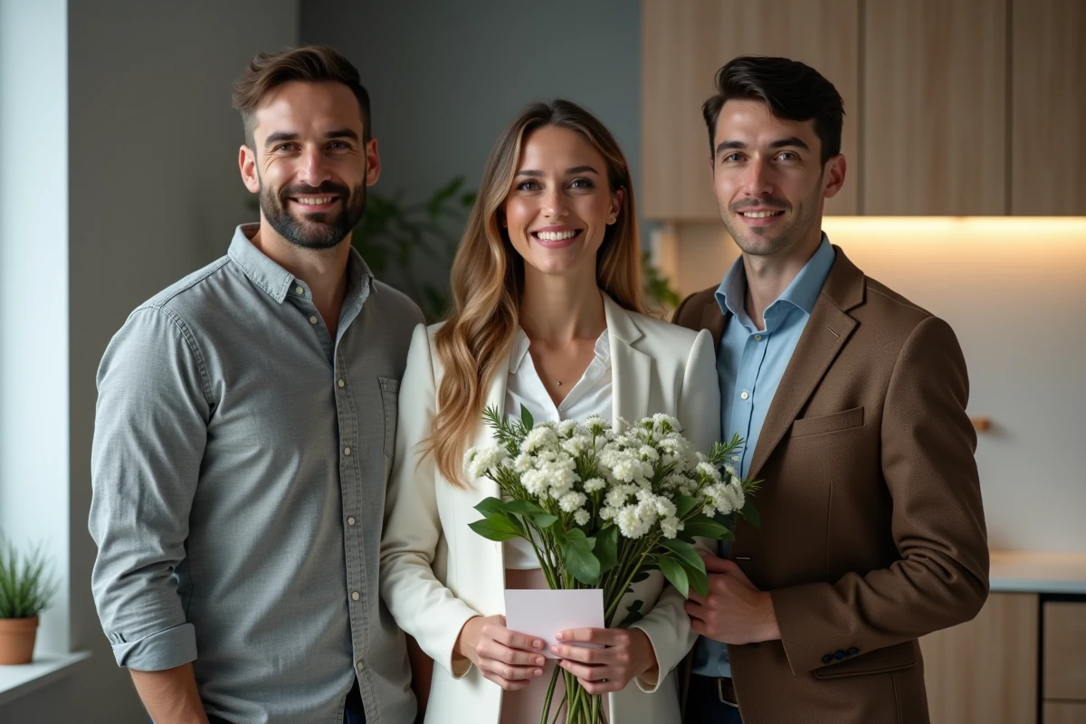 Trois collègues avec fleurs et carte de condoleance dans un espace moderne