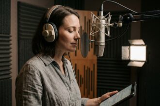 Comédienne de voix off professionnelle en studio d'enregistrement avec microphone à condensateur, illustrant la voix off en anglais international