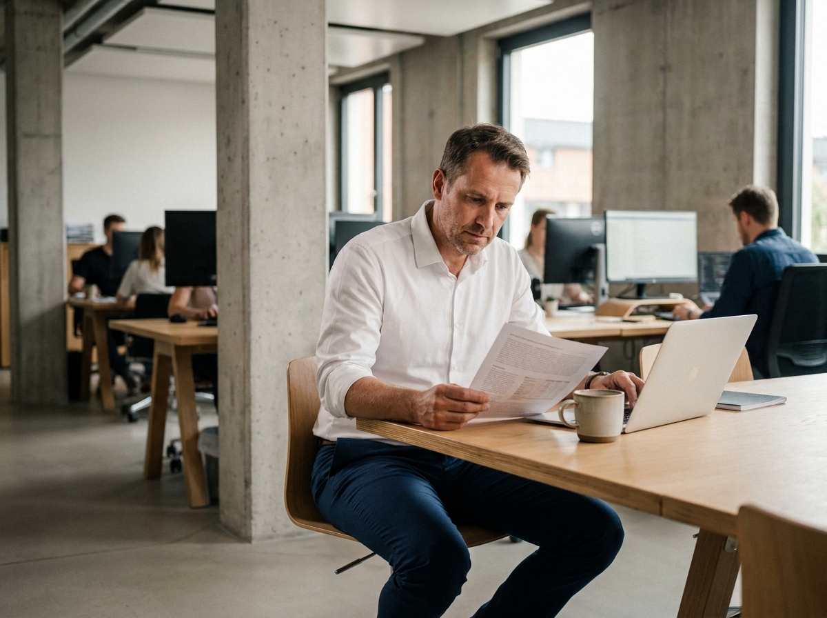 Commercial B2B concentré sur une proposition client dans un bureau moderne en open space, symbole de la stabilité des métiers de la vente face aux crises