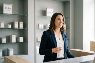 Commerciale professionnelle dans une salle d'exposition moderne, illustrant la résilience des métiers de la vente en période de crise économique