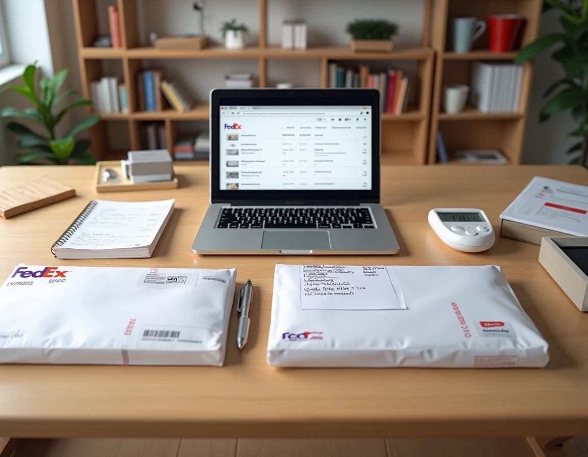 Comparaison côte à côte d'une enveloppe FedEx et d'un colis Colissimo La Poste sur un bureau de travail