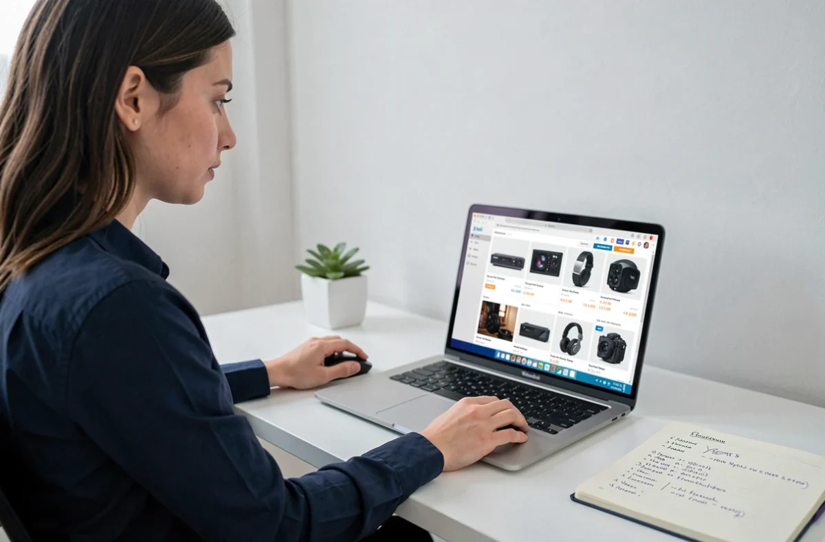 Femme comparant des prix et lisant des avis sur le site Thomann depuis son bureau à domicile