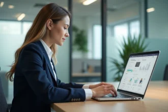 Professionnelle connectée à un logiciel RH Nibelis sur son ordinateur portable dans un bureau moderne en 2026
