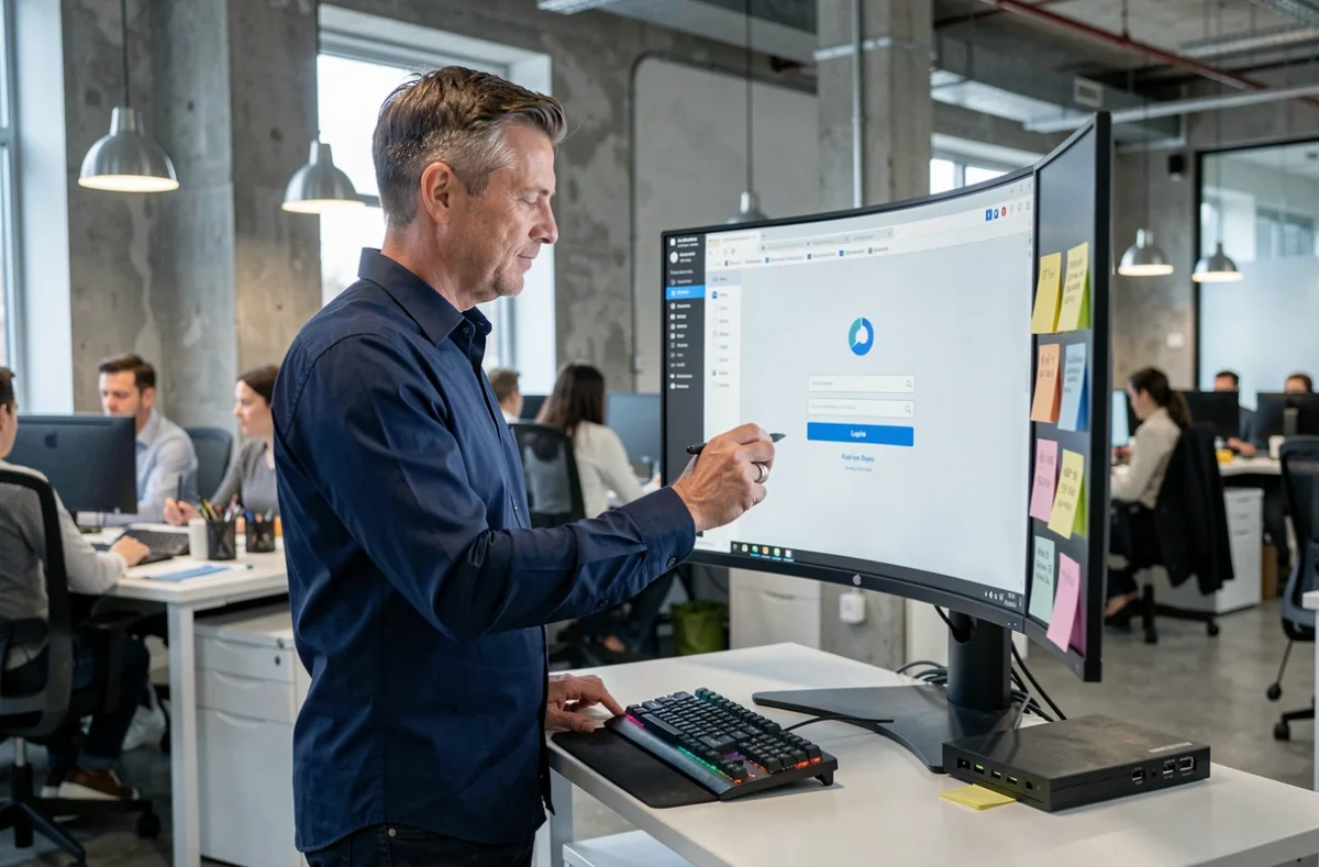Homme professionnel debout à son bureau réglable en open space se connectant à un outil numérique sur grand écran