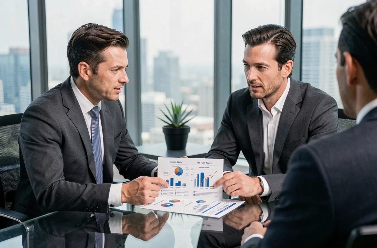 Conseiller financier expliquant la différence entre taux horaire brut et net à un client dans un bureau de conseil moderne