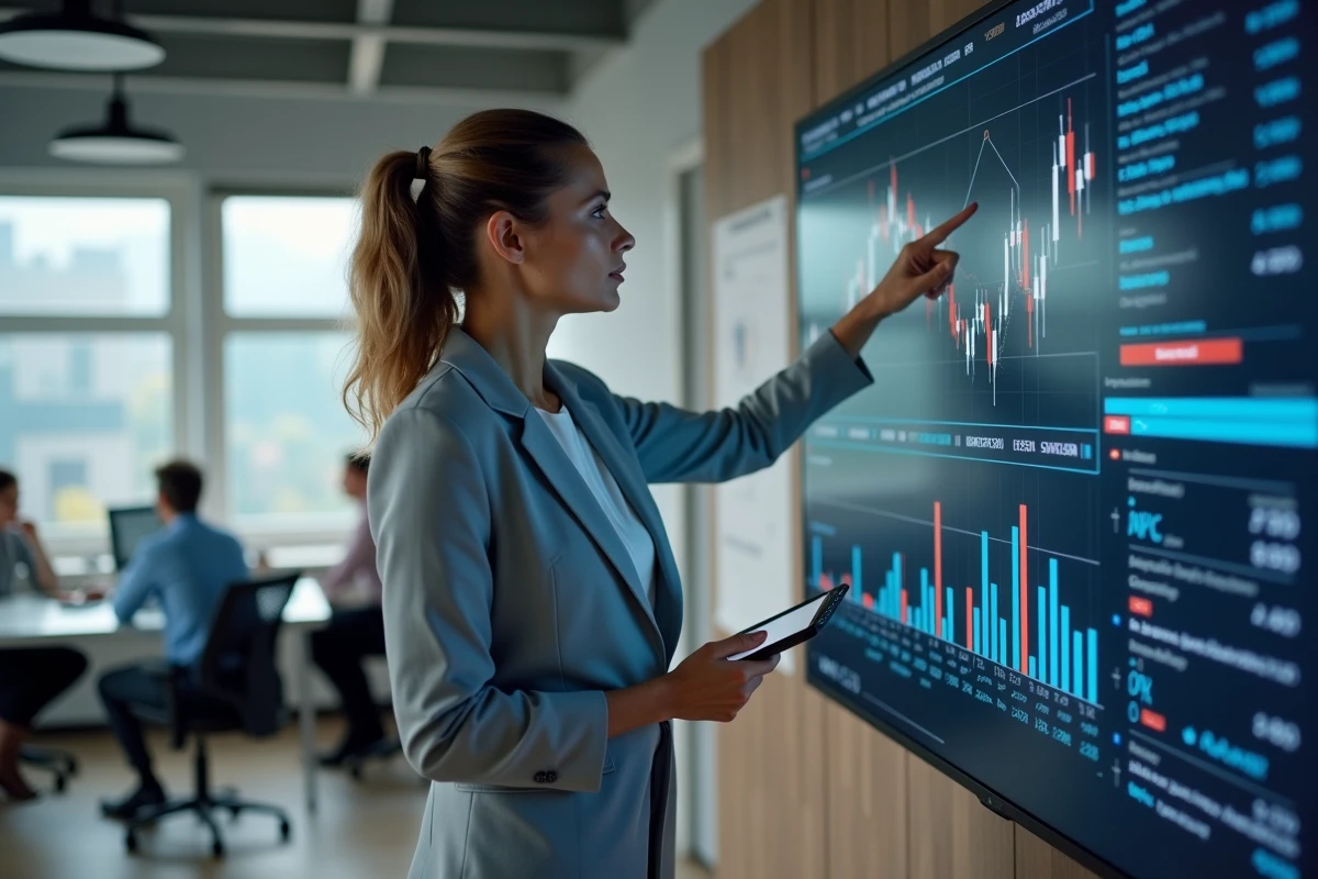 Conseillère financière analysant des alertes sur un écran de données pour protéger ses clients d'investissements risqués