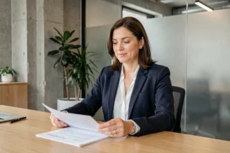 Conseillère de coopérative de service à la personne examinant des documents administratifs dans un bureau moderne