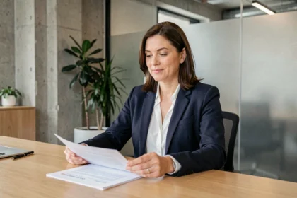 Conseillère de coopérative de service à la personne examinant des documents administratifs dans un bureau moderne
