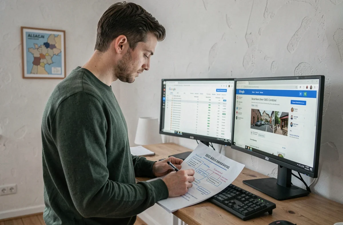 Consultant SEO indépendant en Alsace travaillant sur une feuille de route de référencement naturel depuis son bureau à domicile