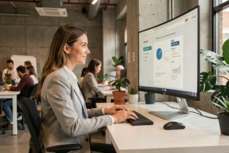 Professionnelle SaaS consultant une démo produit sur écran ultrawide dans un bureau moderne startup