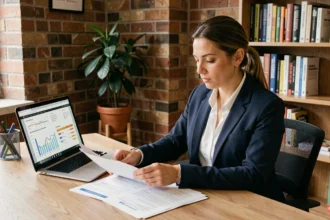 Consultante SEO en Alsace analysant des rapports de performance et de référencement naturel dans un bureau professionnel