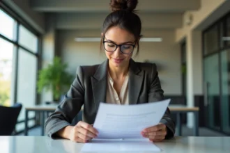Femme professionnelle en blazer examinant un contrat d'égérie imprimé dans un bureau moderne, représentant le cadre juridique des partenariats de marque sur les réseaux sociaux