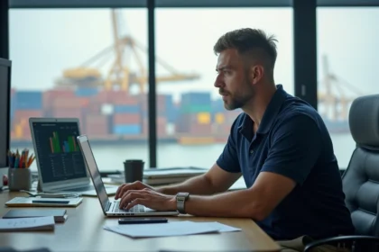 Coordinateur logistique homme au bureau avec écran de suivi