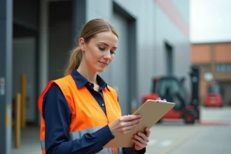 Coordinatrice logistique devant un entrepôt Kuehne Nagel en région parisienne