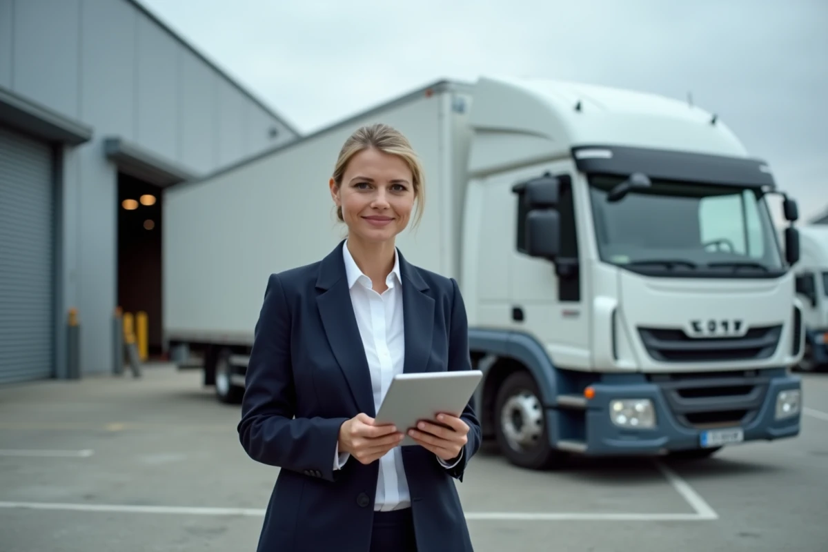 Coordinatrice logistique consultant une application de gestion de flotte sur tablette devant des camions de livraison dans un dépôt urbain