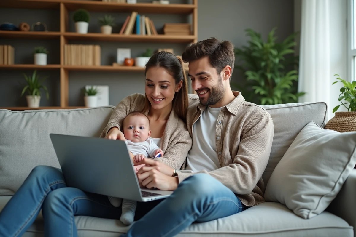 Couple avec nourrisson consultant ensemble un site administratif sur le canapé pour comprendre les droits au congé trimestriel cumulé