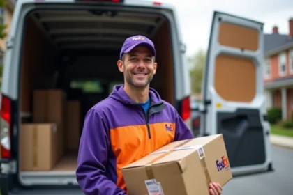 Coursier FedEx en uniforme violet et orange tenant un colis devant son camion de livraison