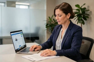 Courtière en assurance consultant l'extranet AXA sur un ordinateur portable dans un bureau professionnel moderne